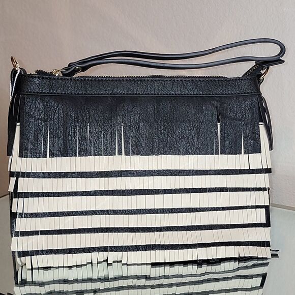 Black/Tan Fringe Vegan Leathe Clutch/Crossbody Bag - Picture 3 of 15